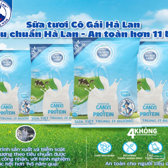 Thùng 24 bịch sữa tiệt trùng ít đường Dutch Lady Canxi & Protein 180ml